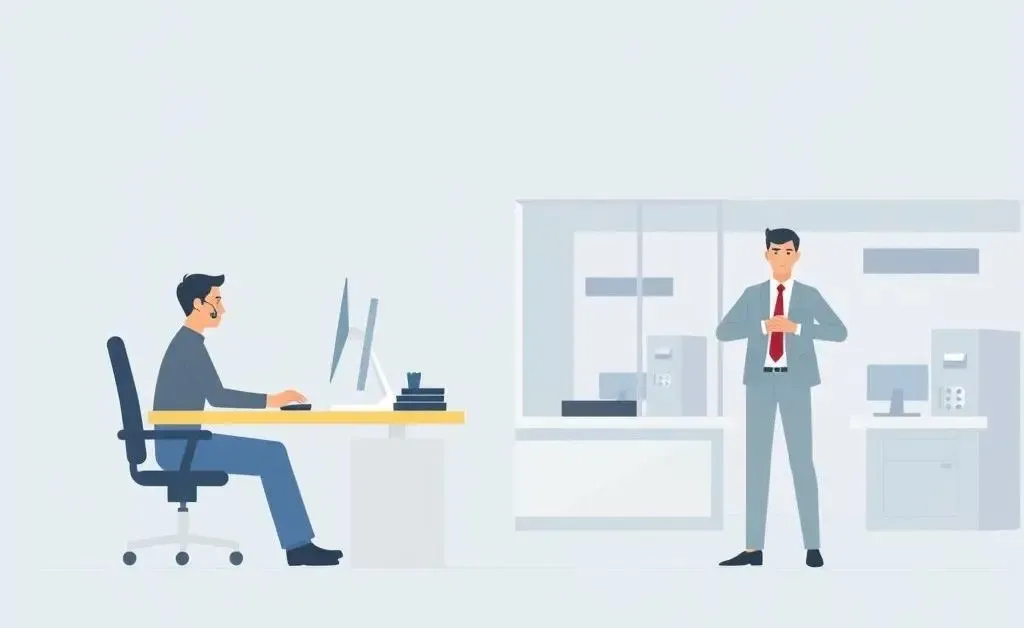 An illustration of someone moving from a call center to a bank job