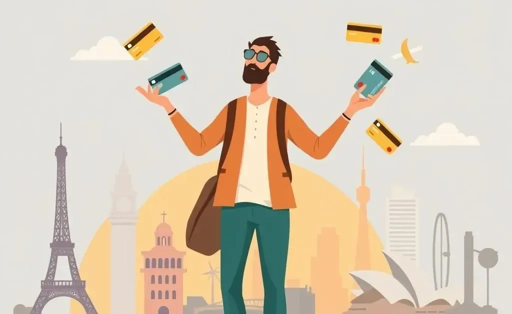 Traveler juggling credit cards with travel destinations in the background.