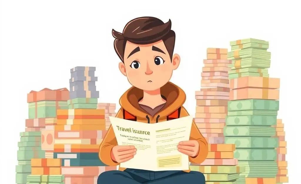 Traveler looking puzzled over an insurance policy surrounded by money