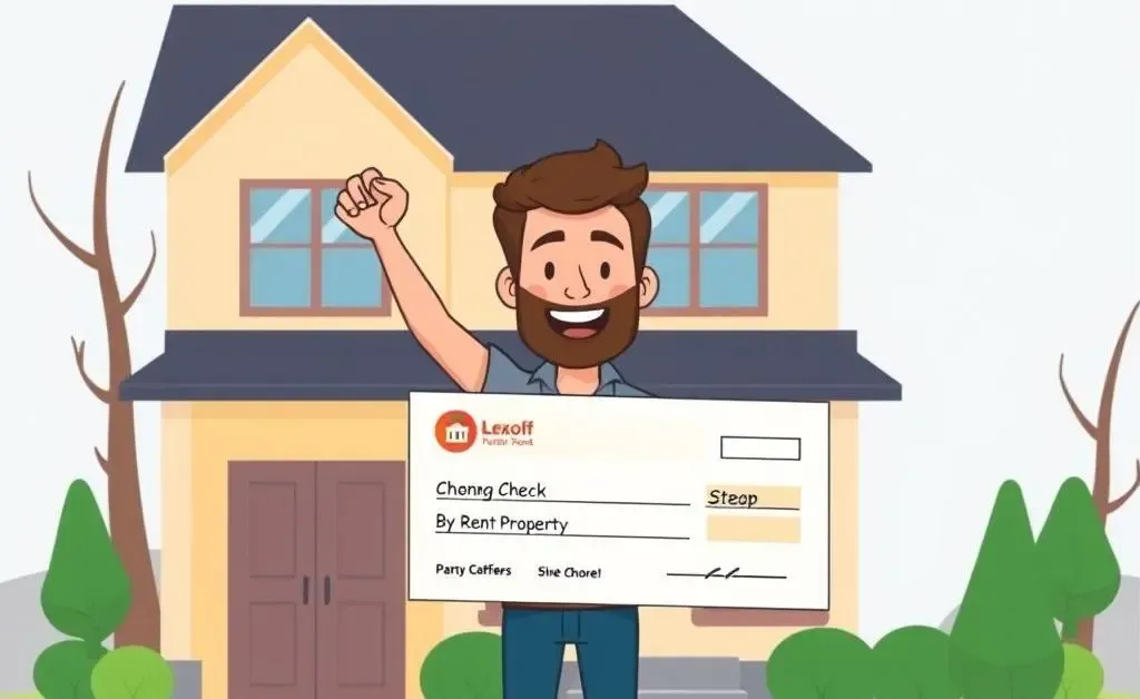 A person triumphantly holding a check in front of a rental property