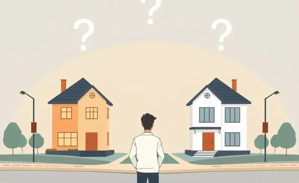 A person at a crossroads perplexed by two house choices