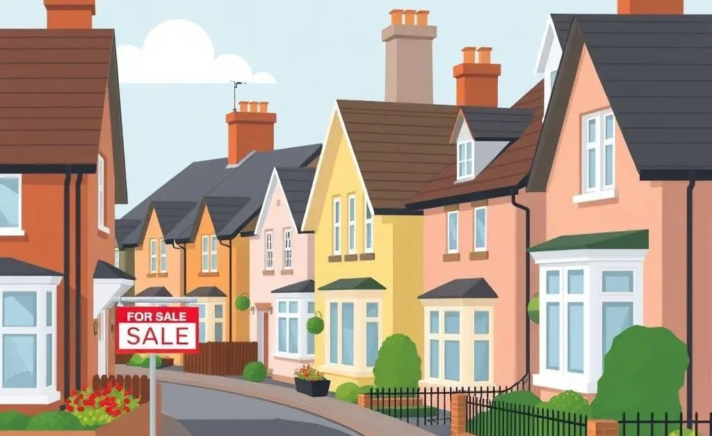 Cartoon image of a UK street with houses and a sign