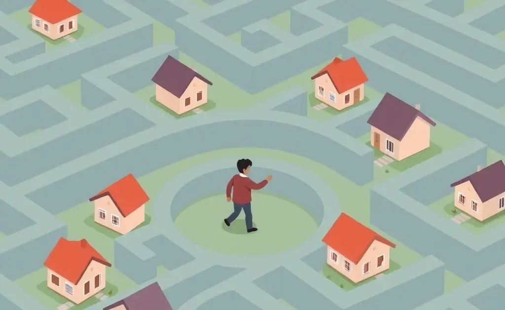 Illustration of a person navigating a maze with houses