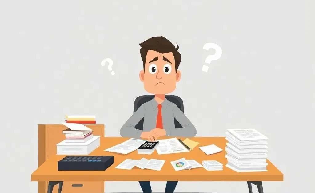 A puzzled man at a desk with tax documents and a calculator.