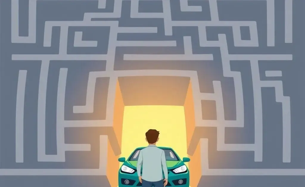 A cartoon-style image depicting a person at the entrance of a maze with a car, symbolizing navigating car insurance.