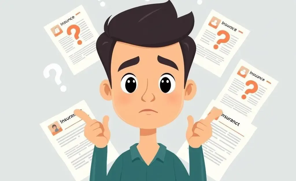A cartoon of a person looking puzzled surrounded by insurance documents.