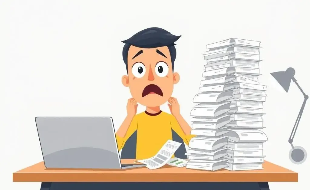 A surprised person looking at medical bills on a desk with a laptop.