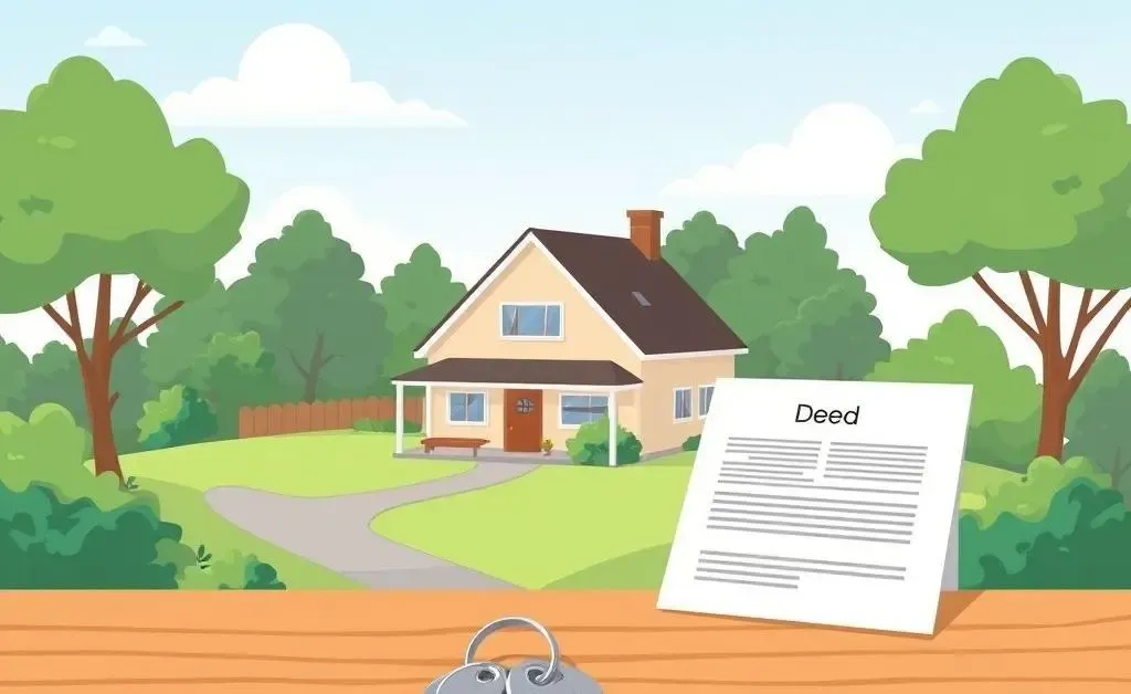 A serene home landscape with keys and a deed document on a wooden table