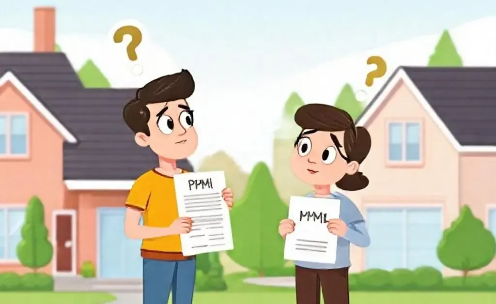 Cartoon image of a couple looking at a house with a puzzled expression, holding a PMI document