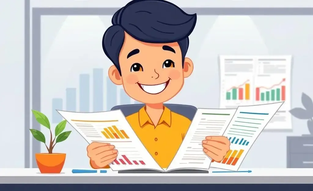 Person reviewing financial documents with charts and plant