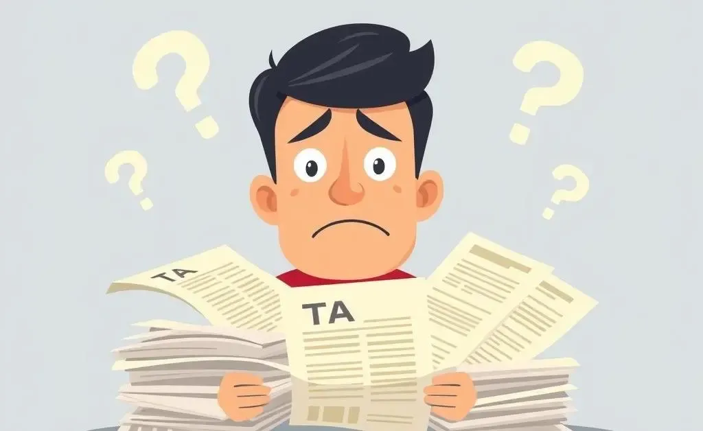A confused person looking at tax documents