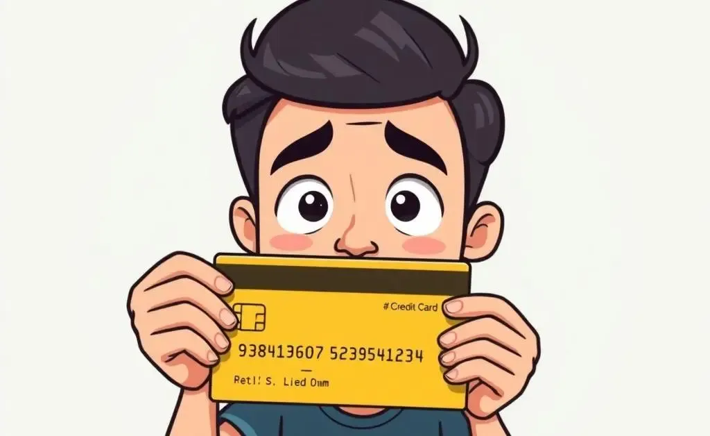 A surprised person holding a cut-up credit card