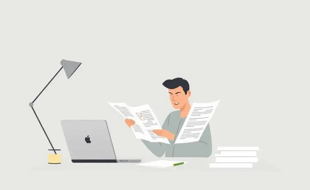 A person reviewing financial documents at a desk with a laptop.