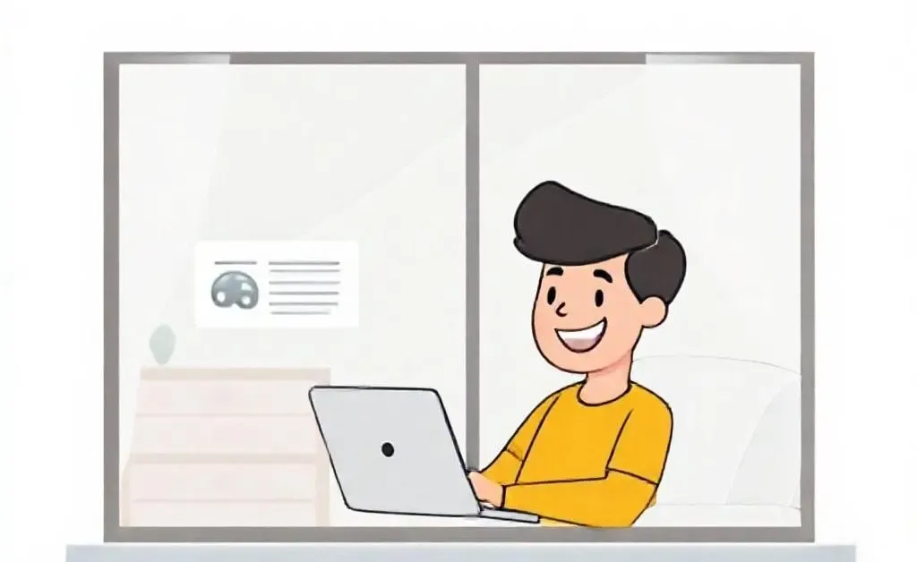 A cartoon illustration of a person registering their vehicle online.