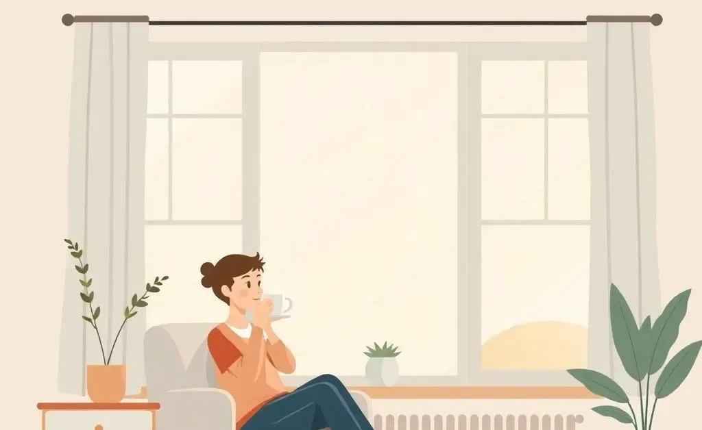 Cartoon image of a person waiting peacefully in a cozy home
