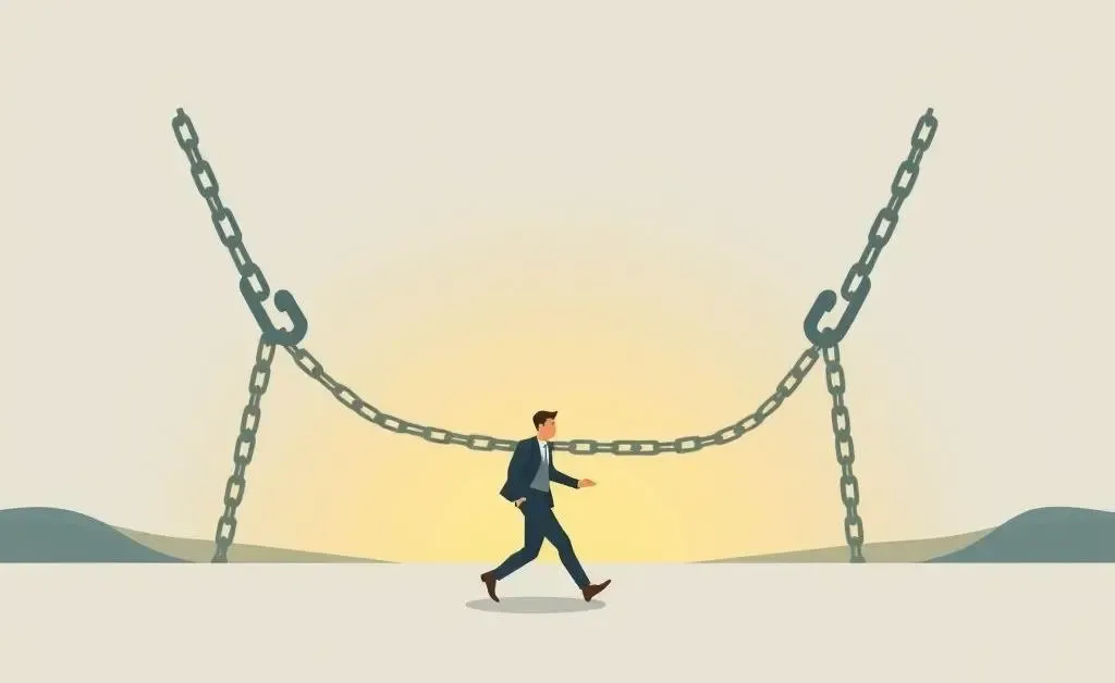 Person walking away from large symbolic debt chains