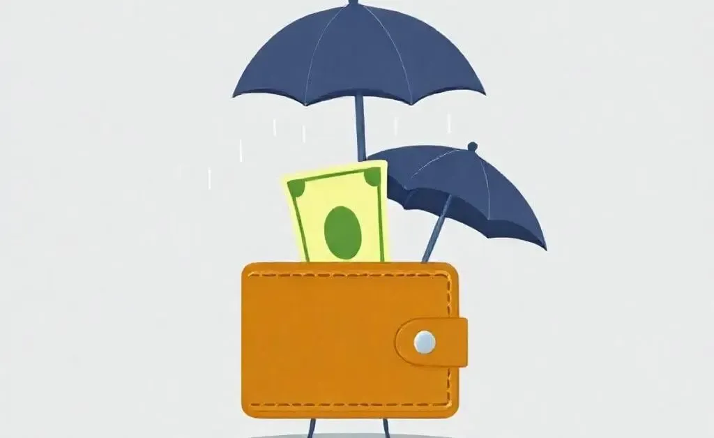 A wallet with money and an umbrella under a rain cloud, representing a rainy day fund.