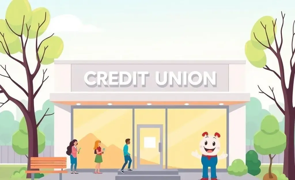 A cartoon of a friendly credit union with an open door and smiling staff