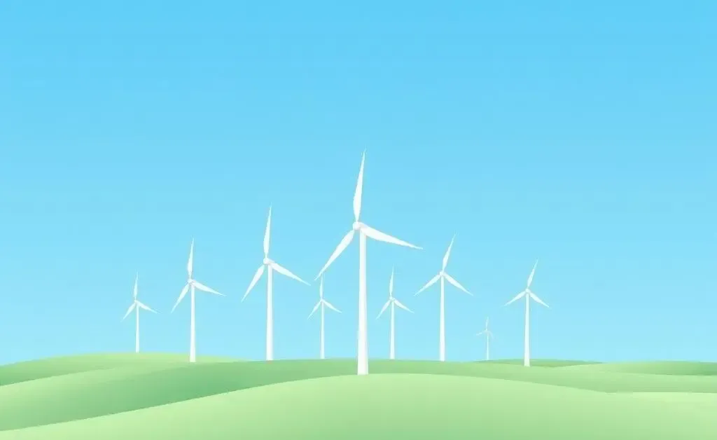 Illustrated wind turbine farm under a blue sky