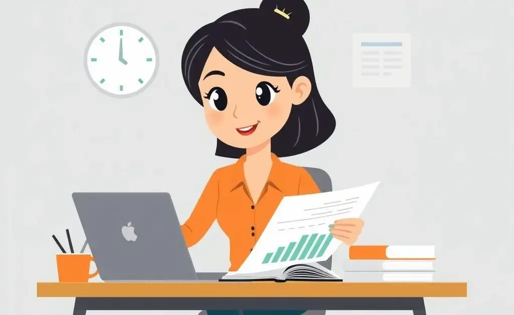 Cartoon-style woman reviewing her budget at a desk