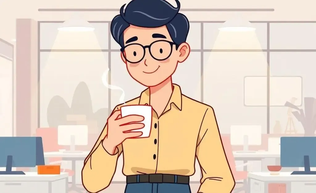 Person balancing work and life with coffee in an office