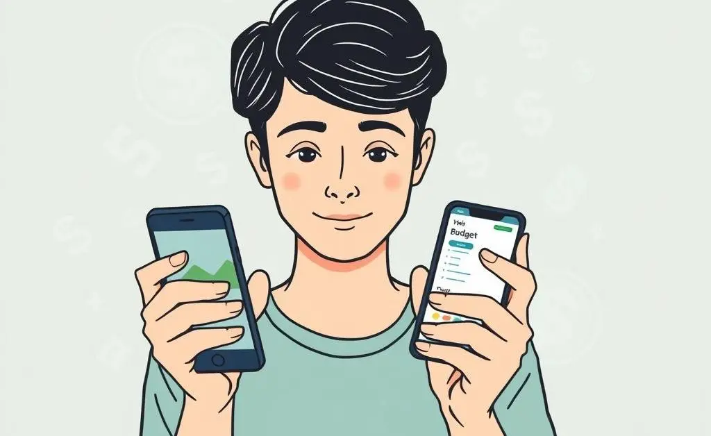 Young adult looking at a smartphone with financial symbols in the background