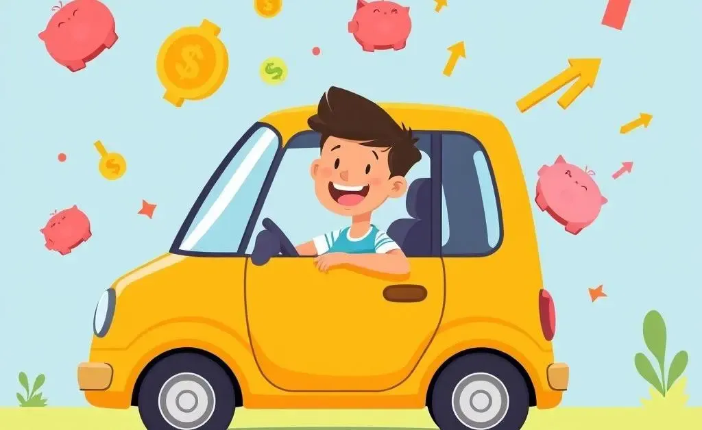 Illustration of a young driver in a car with financial symbols