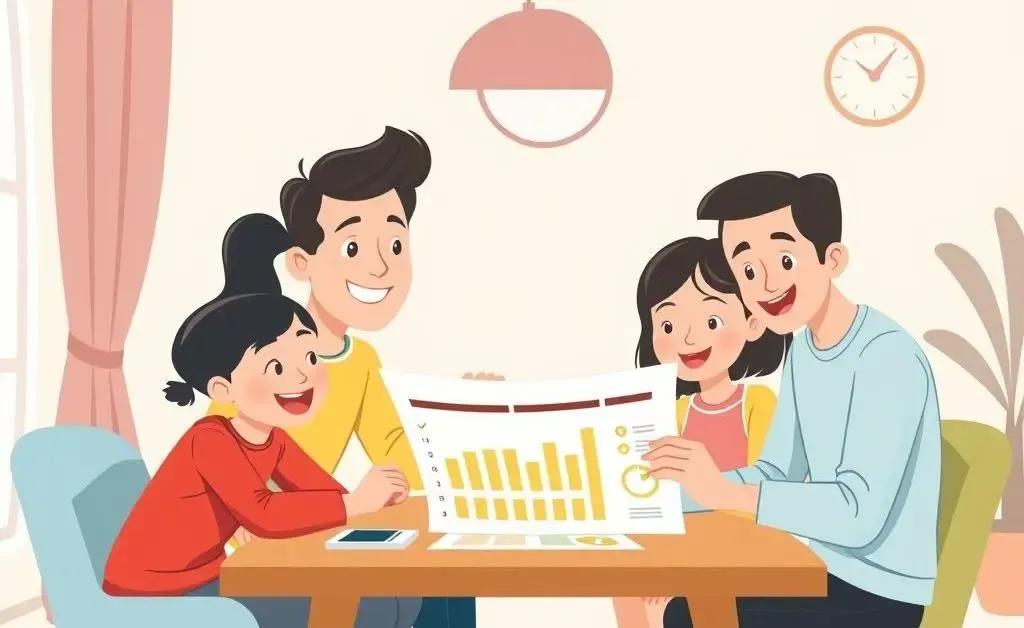 Young family sitting together at a table, looking at a budget plan