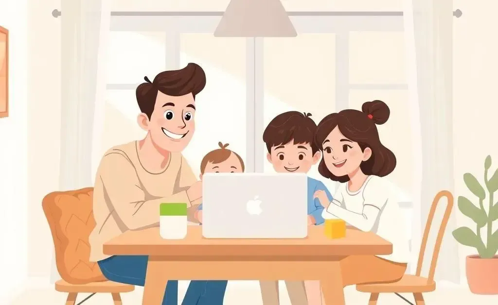Young family budgeting together at a table with a laptop and baby toys