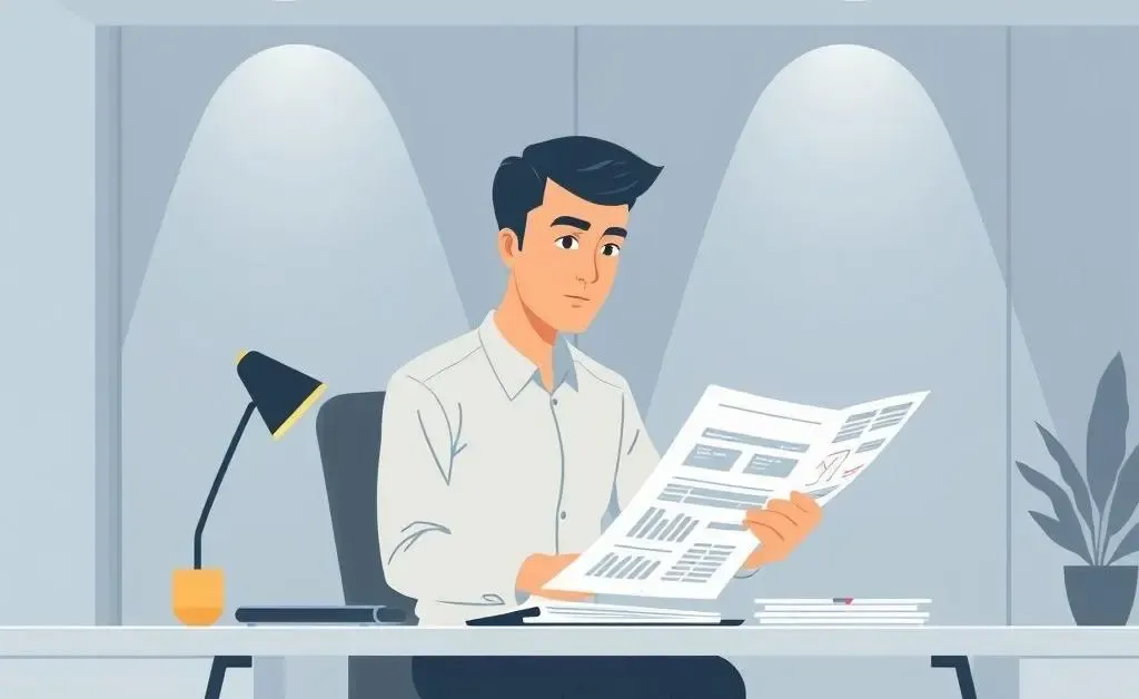 A young professional reviewing financial reports at a desk.
