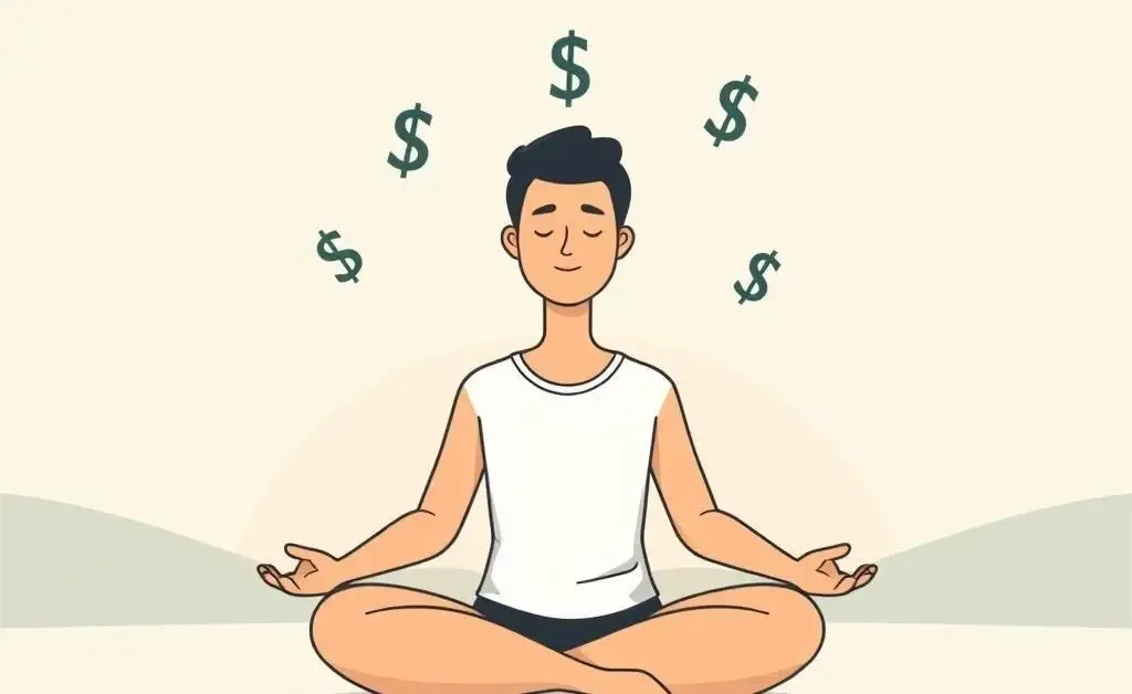 A person meditating with floating dollar symbols, signifying calm budget management