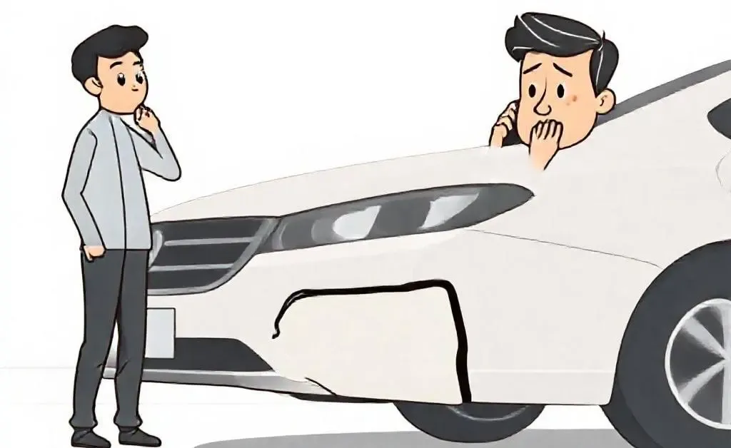 A person on the phone next to a car with a damaged bumper