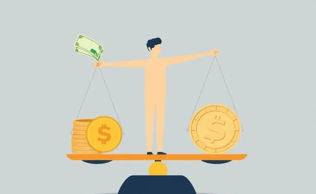 A person balancing traditional currency and digital stablecoins on a scale