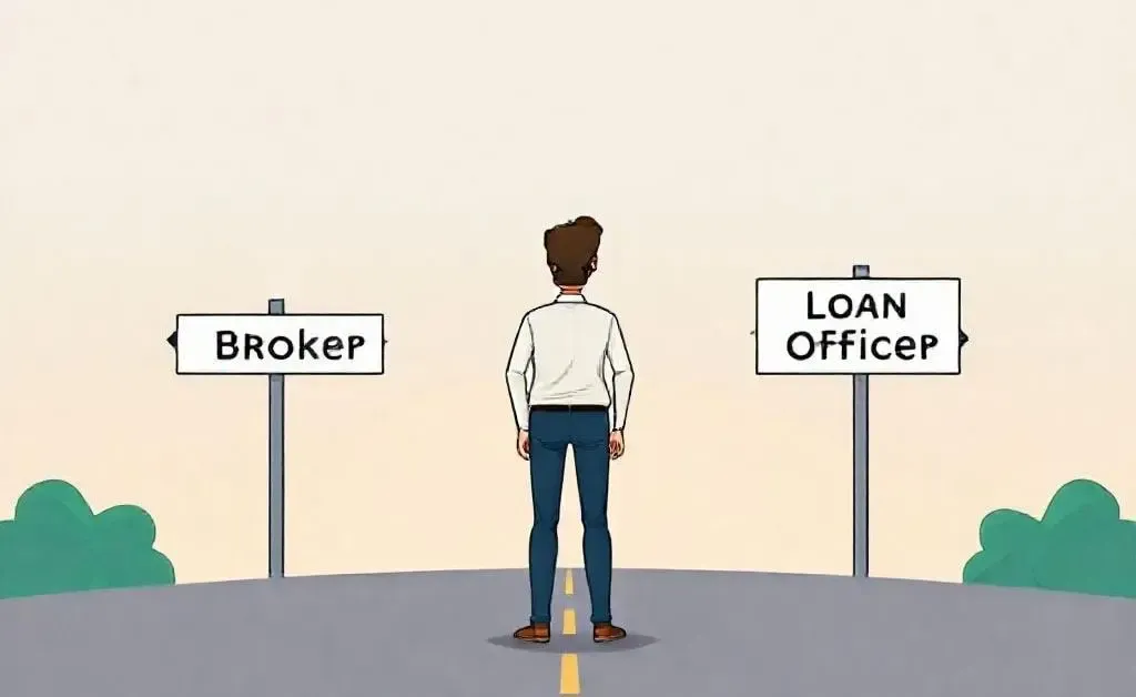 Illustration of a person choosing between broker and loan officer paths