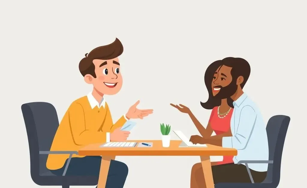 A cartoon family discussing a mortgage with a broker at a desk.