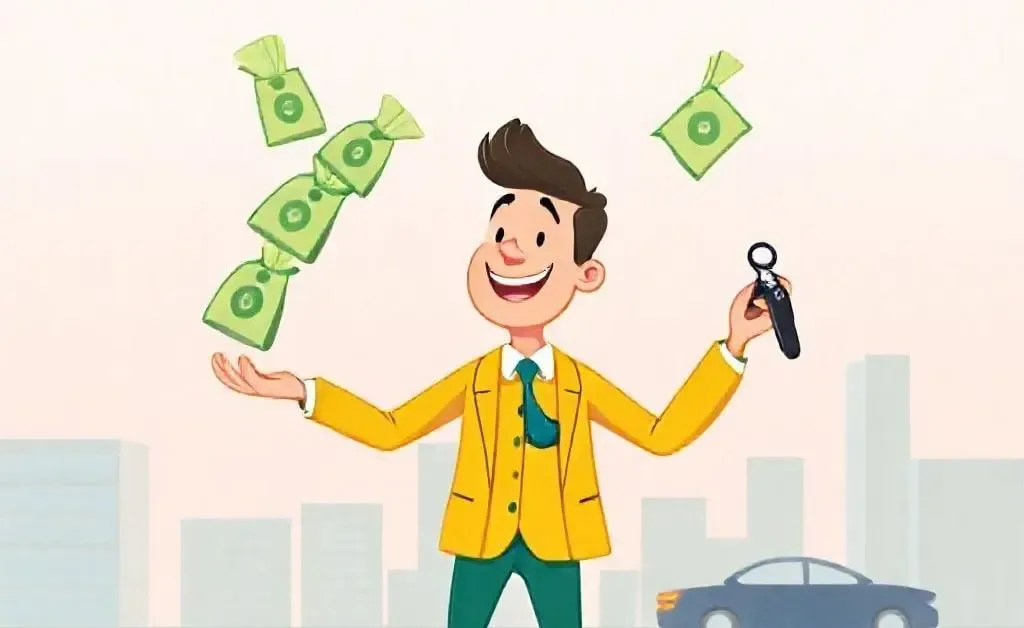 A cartoon illustration of balancing money and car insurance