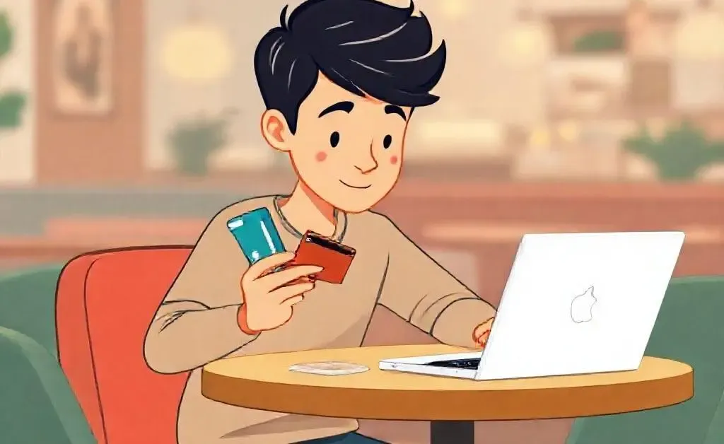 Person at a café table comparing credit cards
