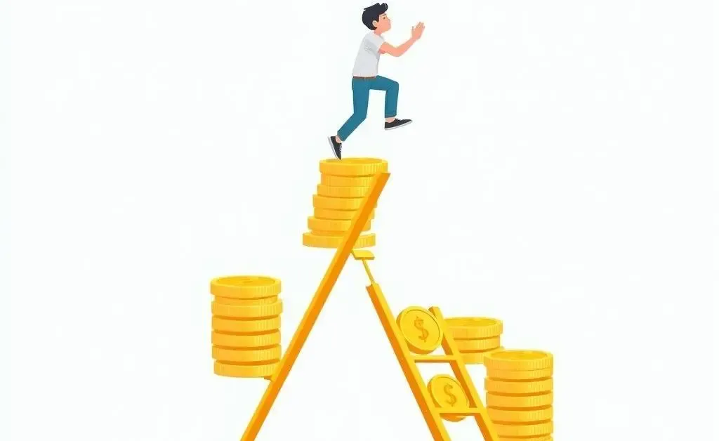 A person climbing a mountain made of money bills representing financial growth