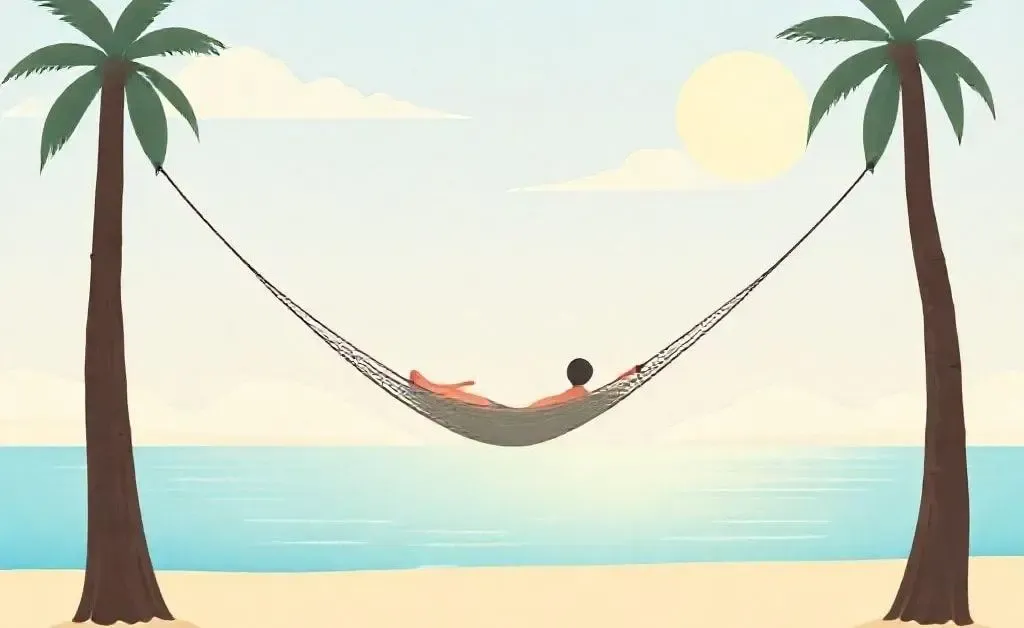 A serene coastal view with a person in a hammock symbolizes financial freedom.