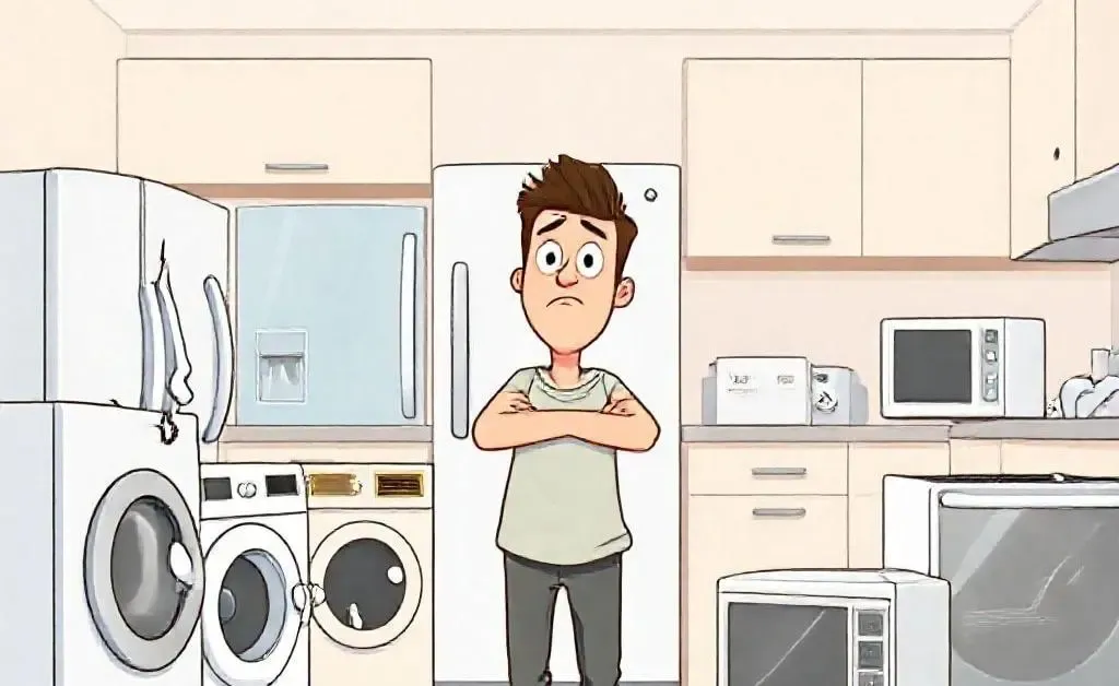 A cartoon homeowner staring in confusion at a pile of broken appliances