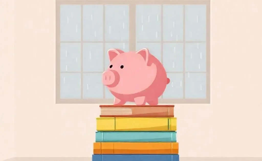 A piggy bank sitting on a stack of books in a cozy room.