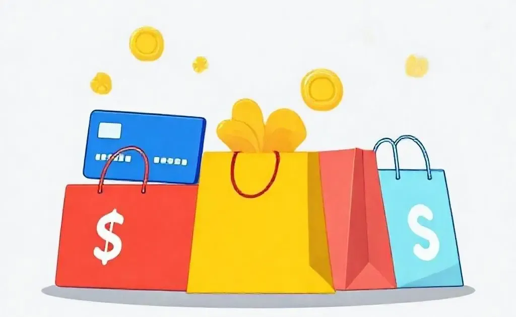 Credit cards and shopping bags representing rewards from churning.