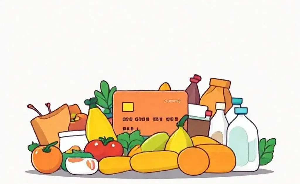 Illustration of a credit card surrounded by grocery items