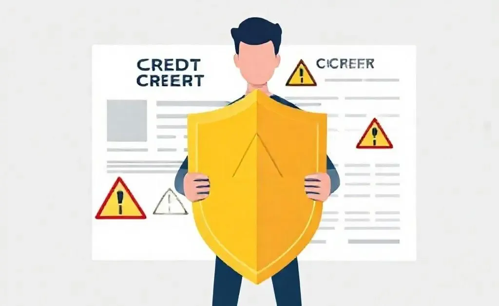 Person holding a shield in front of a credit report with caution signs.