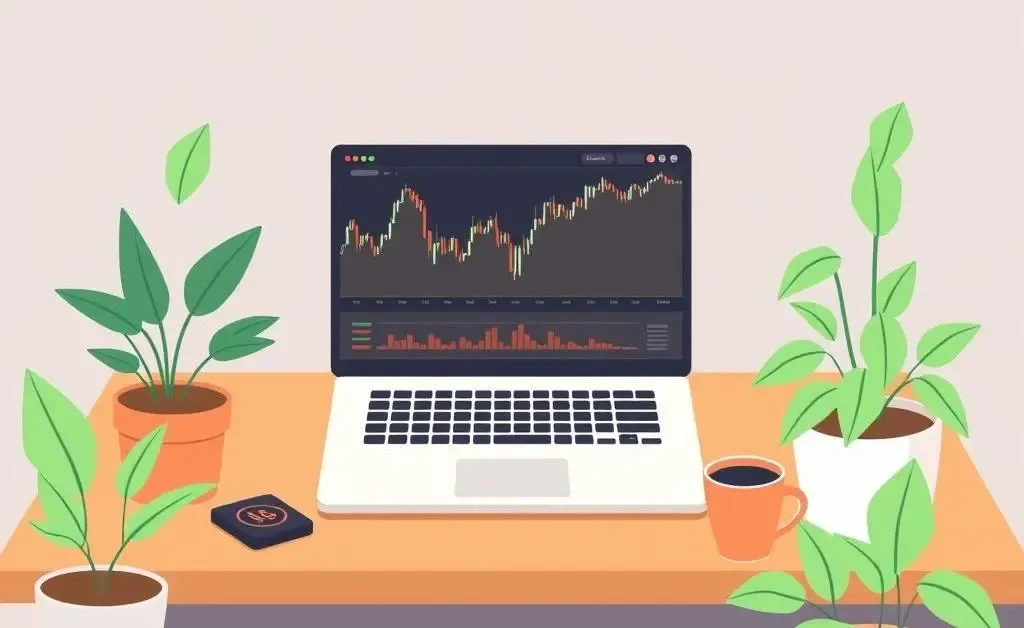 A modern desk setup with financial books and a laptop showing stock market chart