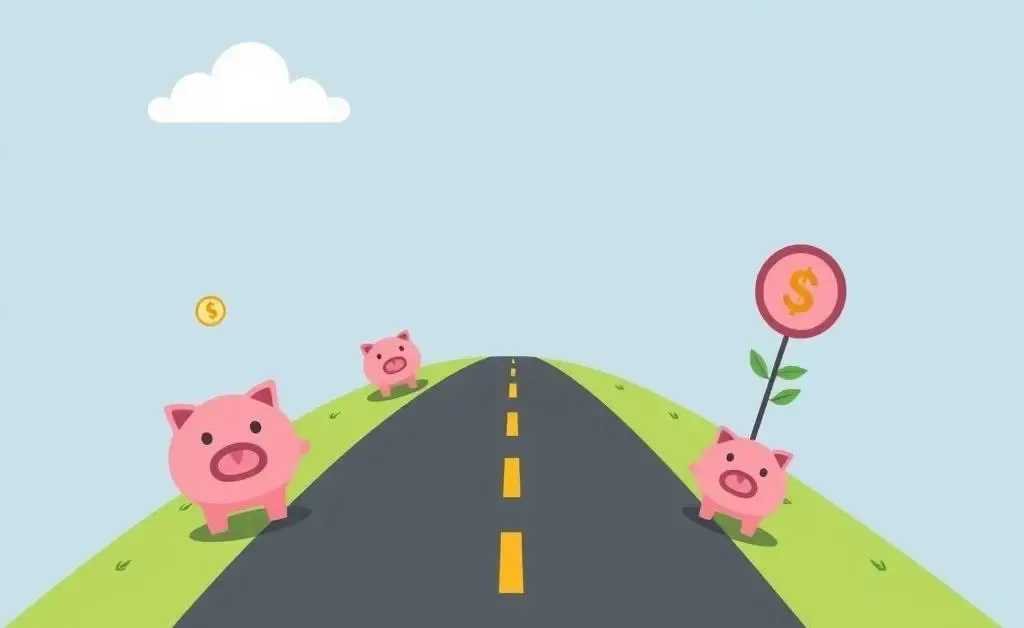 A road leading to financial freedom with piggy banks and dollar signs.