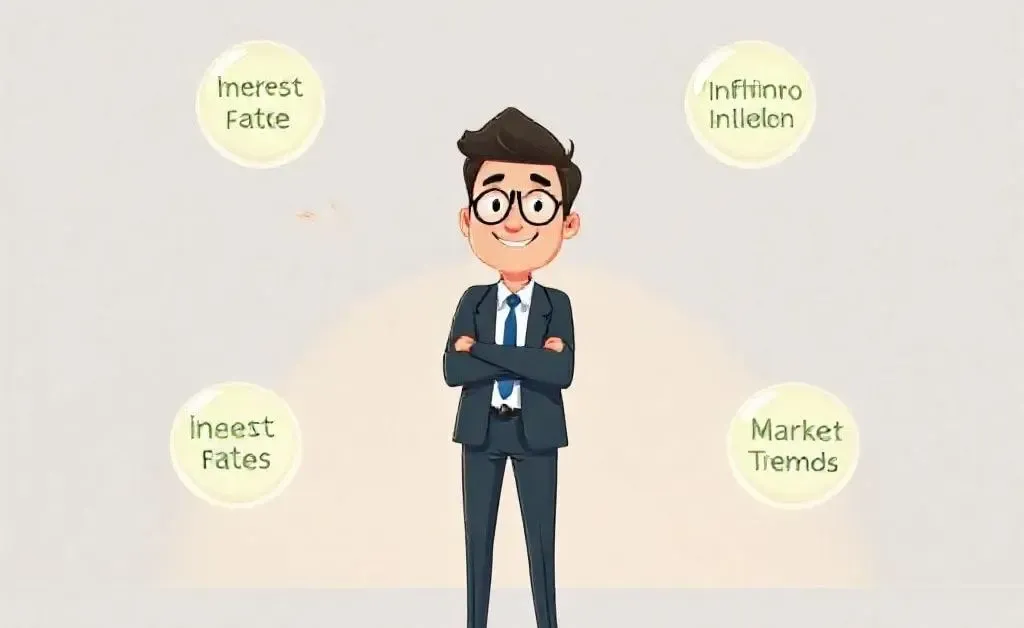 A financial analyst juggling crystal balls labeled 'Interest Rates', 'Inflation', and 'Market Trends'.