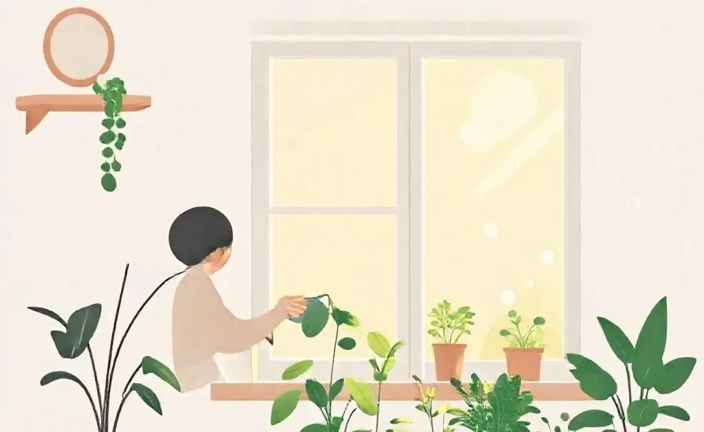 Person watering plants by a sunny window, symbolizing peaceful daily routine