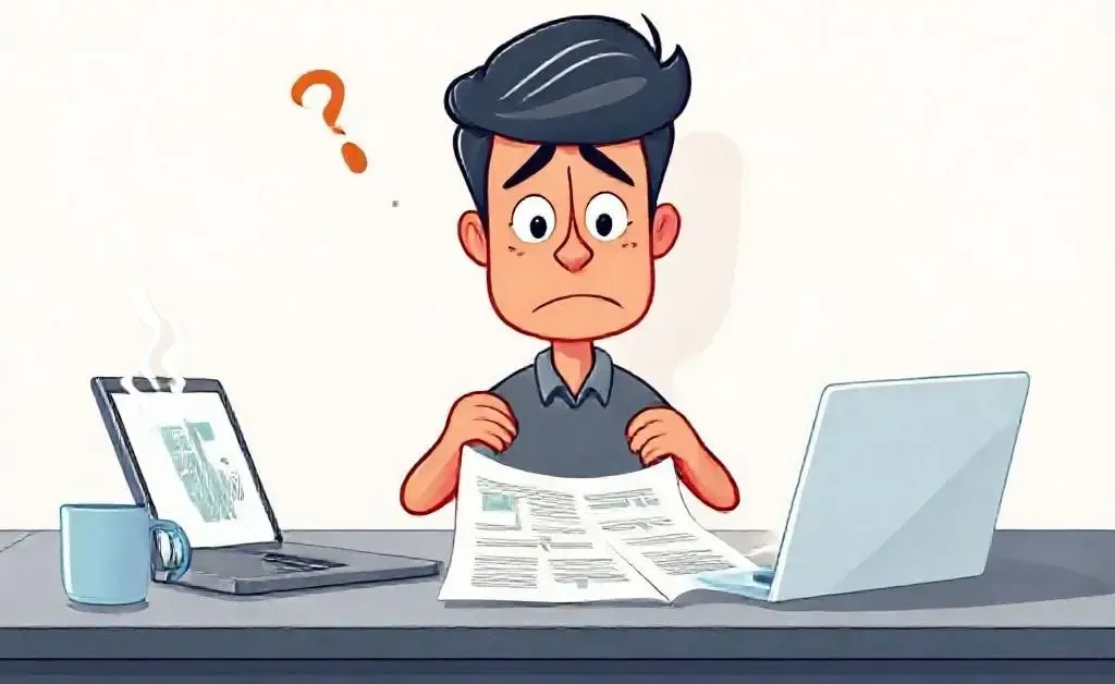 Cartoon of frustrated person at a desk with health insurance document