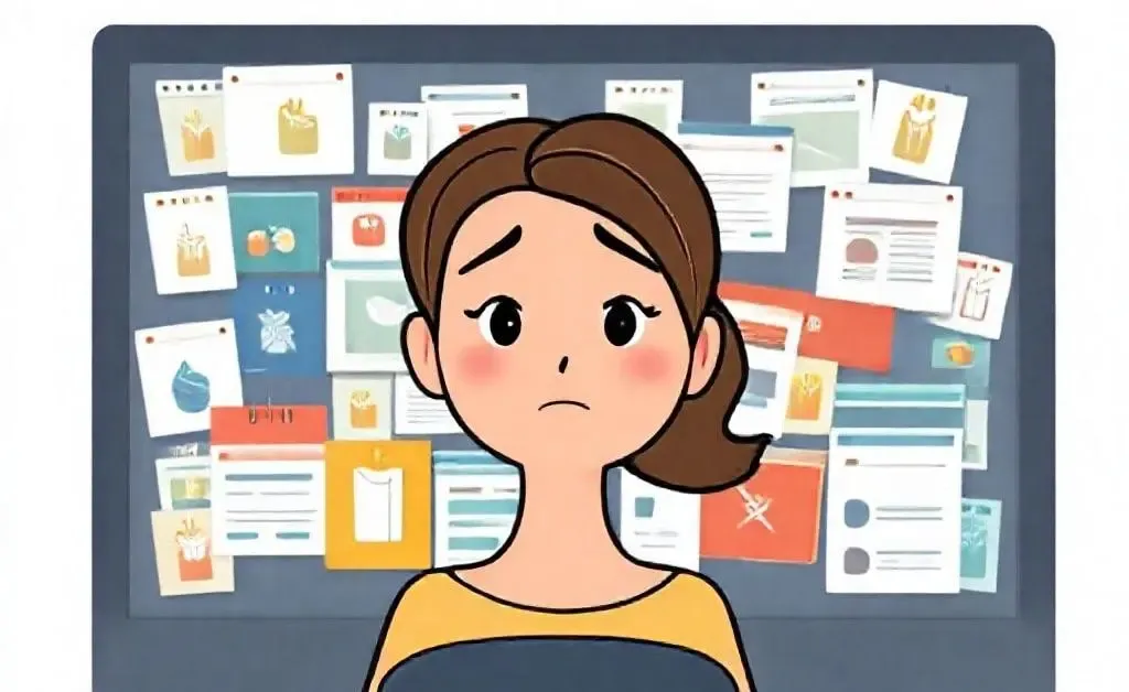 Cartoon woman overwhelmed by online shopping tabs on screen